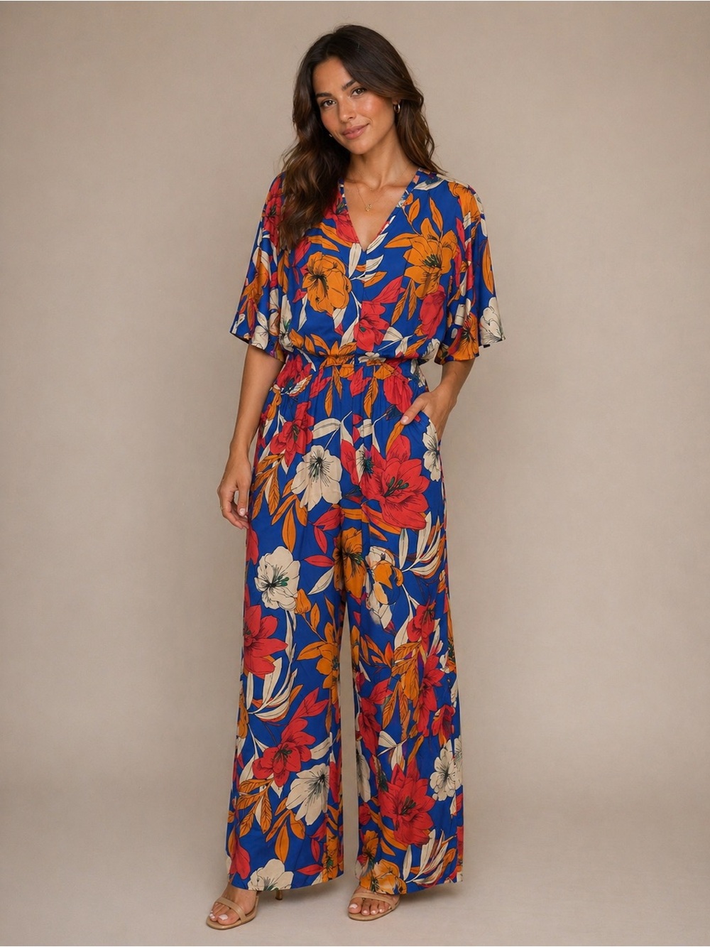 Easel Floral Wide-Leg Jumpsuit in Blue with Red & Cream Blooms